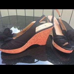 6.5 Women’s black flower cork wedge peep toe